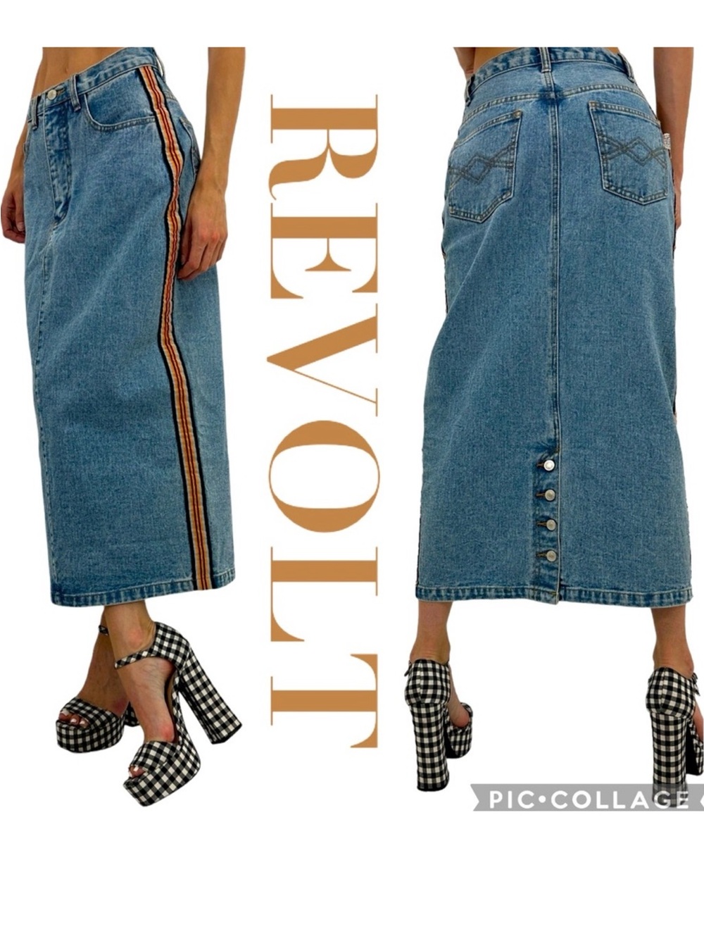 Revolt High-Rise Blue Denim Midi Skirt with Multicolor Side Stripe